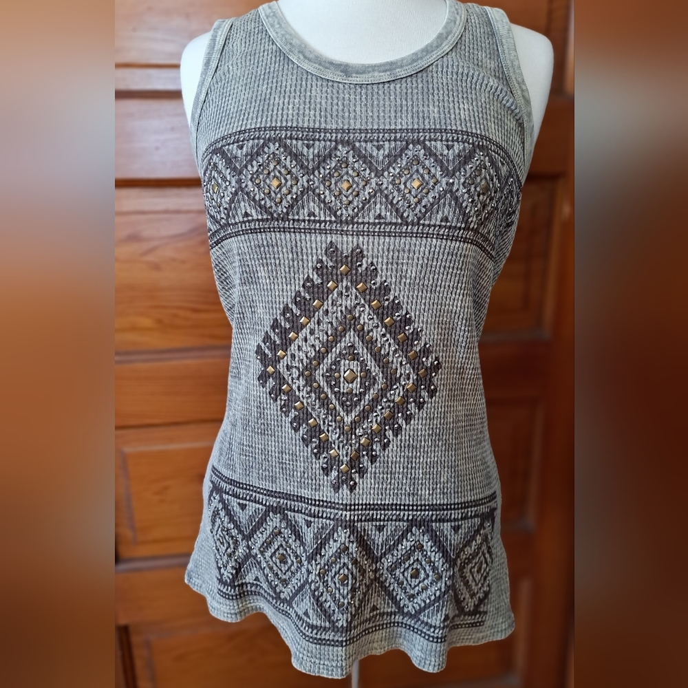 Vocal Tank Top Tan/Brown w/brass & crystals Size 1XL (fits like med)